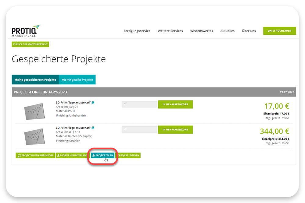 Screenshot von protiq.com: Warenkörbe können als Projekte gespeichert werden